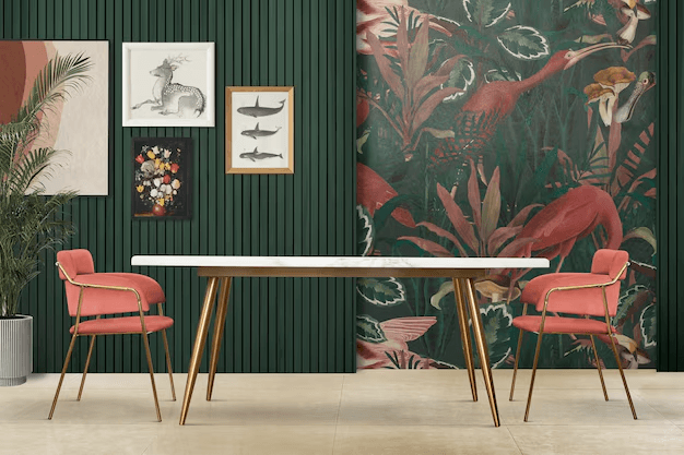 Stylish dining room with green accent wall and tropical wallpaper design