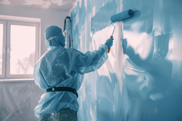 Professional painter in protective gear